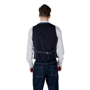 Men’s navy vest tailored in fabric with a belt and silver buckle for a polished formal look