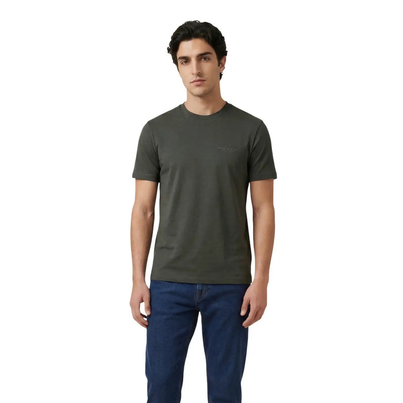Men’s teal crew neck t shirt made of olive green cotton with subtle embroidered logo on the left chest