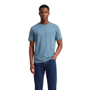 Men’s teal short-sleeved crew neck t shirt with subtle embroidered logo on left chest made of soft fabric