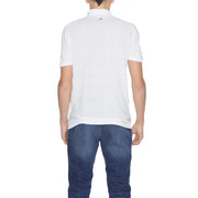 Men’s white polo shirt back view with short sleeves classic collar and subtle brand logo at the neck