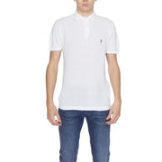 Men’s white short-sleeved polo shirt with subtle embroidered logo on left chest for casual and smart wear