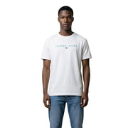 Weißes Tommy Jeans Kurzarm-T-Shirt für Herren mit türkisfarbenem Logo und Flaggenemblem auf der Vorderseite, aus Baumwolle