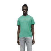 Weißes Herren-Kurzarmshirt von Tommy Jeans in Türkis mit dezentem goldenem Logo auf der Brust