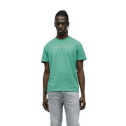 Mens white tommy jeans short sleeve t shirt featuring a teal color with a subtle gold logo across the chest