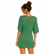Robe courte en maille de viscose verte à manches courtes et à encolure subtilement ornée de Met Collection Femme