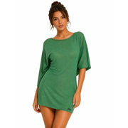 Met Robe courte mini en maille de viscose verte pour femme, col rond, manches trois-quarts amples et coupe décontractée