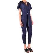 Navy blue satin michael kors jumpsuit for women with ruffled short sleeves and a tied waist belt in viscose fabric