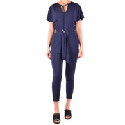 Michael Kors blue short sleeve viscose jumpsuit for women with tie-front neckline and matching belt
