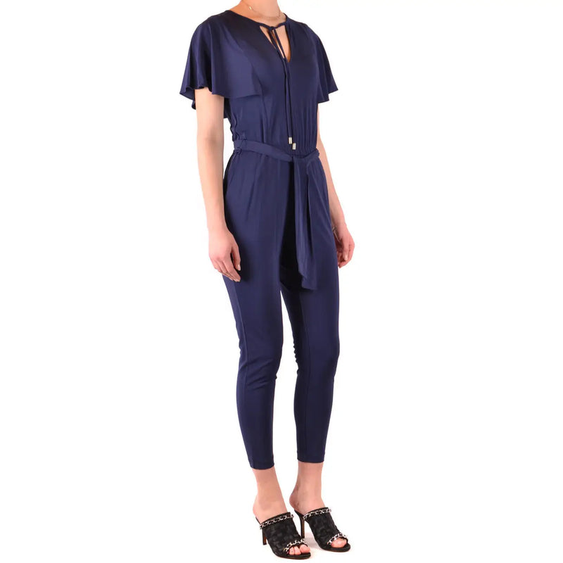 Michael Kors women blue satin jumpsuit with ruffled short sleeves tied waist belt and v neck viscose fabric