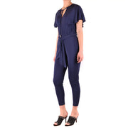 Navy blue satin michael kors women jumpsuit with short flutter sleeves and a self-tie belt in viscose fabric