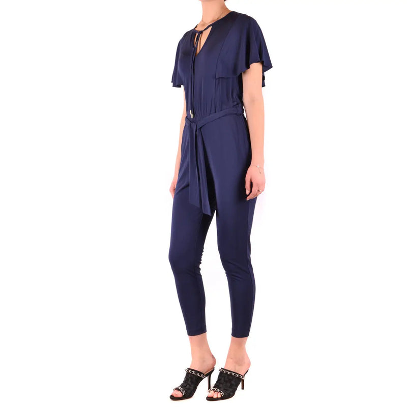 Navy blue satin michael kors women jumpsuit with short flutter sleeves and a self-tie belt in viscose fabric
