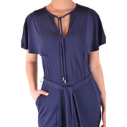 Michael Kors women blue satin jumpsuit with cape-like short sleeves and tie-front neckline in viscose material