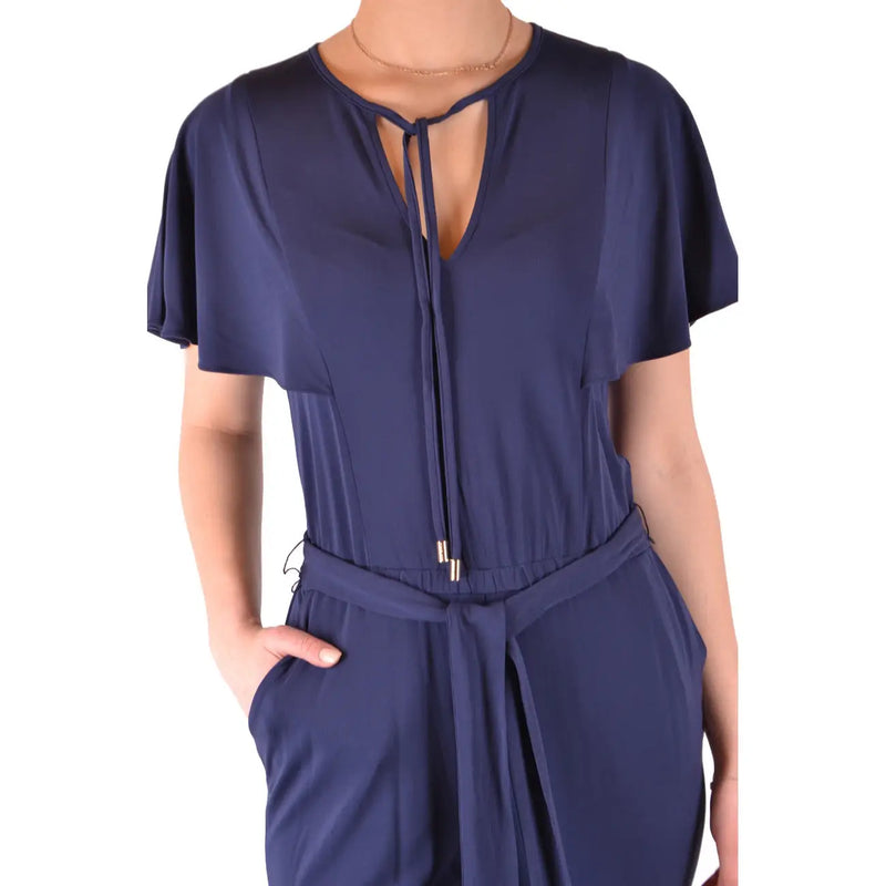 Michael Kors women blue satin jumpsuit with cape-like short sleeves and tie-front neckline in viscose material