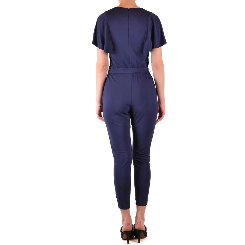 Navy blue satin Michael Kors women jumpsuit with short flutter sleeves, fitted waistband, and viscose fabric