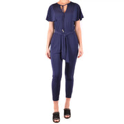 Navy blue michael kors women viscose jumpsuit with short sleeves, v neck tie-front neckline, and matching belt