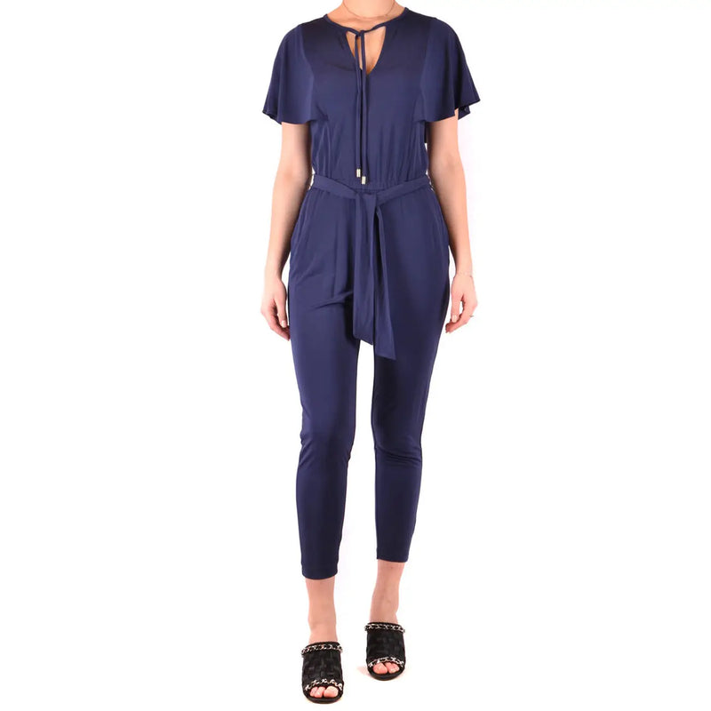 Navy blue michael kors women viscose jumpsuit with short sleeves, v neck tie-front neckline, and matching belt
