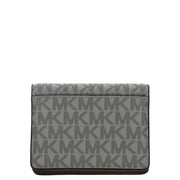 Gray michael kors women wallet with repeating monogram pattern and dark brown leather trim, beige button pocket design