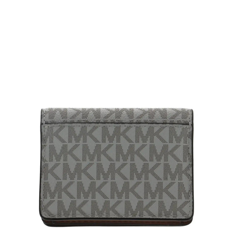 Gray michael kors women wallet with repeating monogram pattern and dark brown leather trim, beige button pocket design