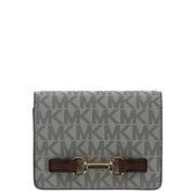 Gray Michael Kors women wallet with repeating monogram pattern and brown leather strap closure 10.5x8x3 cm