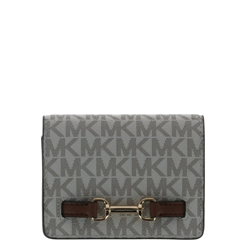 Gray Michael Kors women wallet with repeating monogram pattern and brown leather strap closure 10.5x8x3 cm