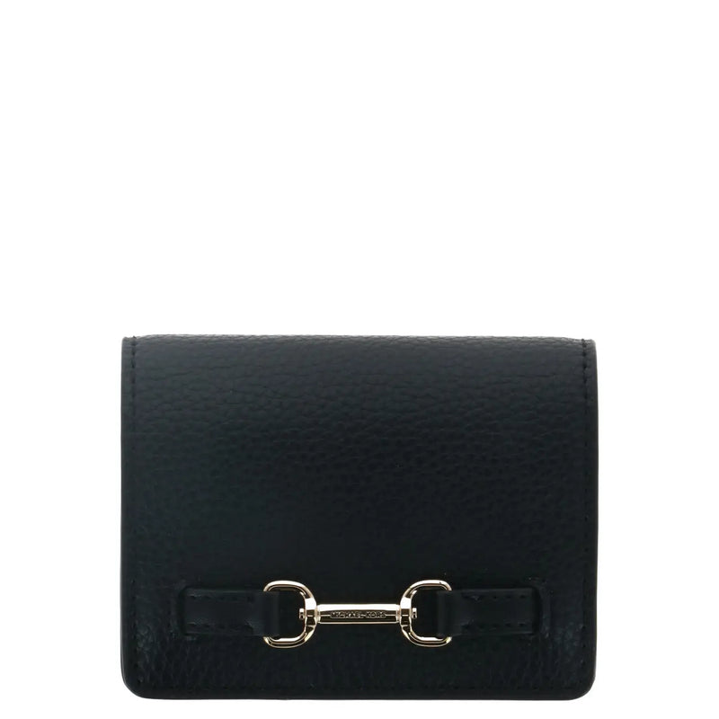 Black leather michael kors women wallet with gold-tone horsebit clasp and pocket buttons 10.5x8x3 cm