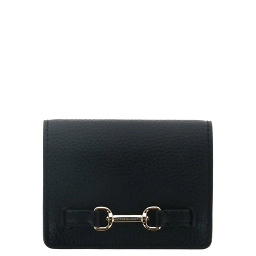 Schwarze Michael Kors Damen-Geldbörse aus Leder mit goldfarbenem Trensenverschluss und Taschenknöpfen, 10,5 x 8 x 3 cm