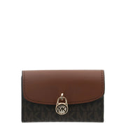 Michael Kors women wallet in brown leather flap with gold-tone lock clasp on black monogram pattern