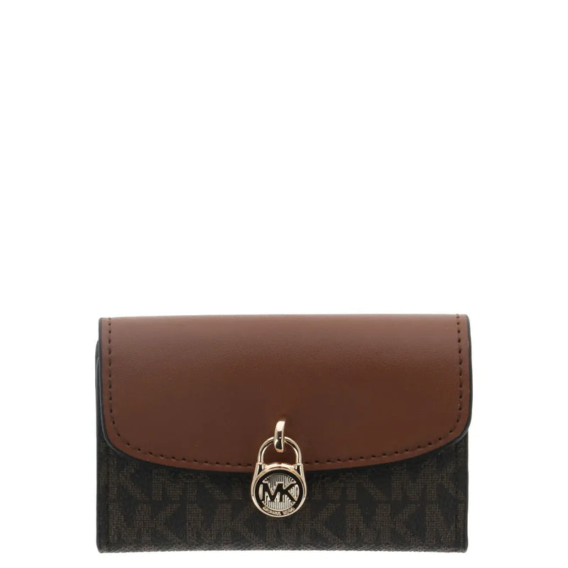 Michael Kors women wallet in brown leather flap with gold-tone lock clasp on black monogram pattern