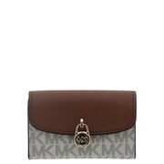 Michael Kors women wallet in brown leather with gold-tone lock clasp and gray and white monogram pattern pocket