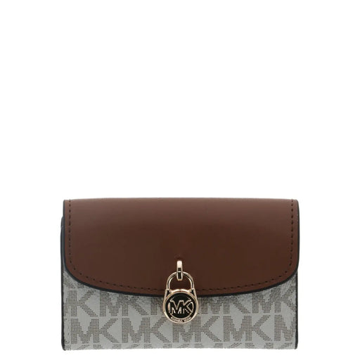 Michael Kors women wallet in brown leather with gold-tone lock clasp and gray and white monogram pattern pocket
