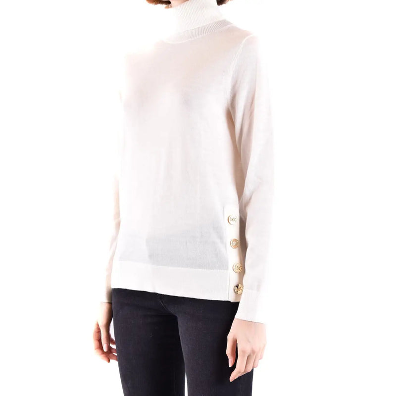 Michael Kors women wool turtleneck sweater white with delicate off-white sheer overlay and gold-toned side buttons