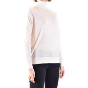 Michael Kors women wool turtleneck sweater white with sheer panel and subtle gold button detail in off-white
