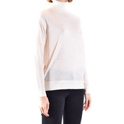 Michael Kors women wool turtleneck sweater in white with soft fabric sheer overlay and subtle gold button detail