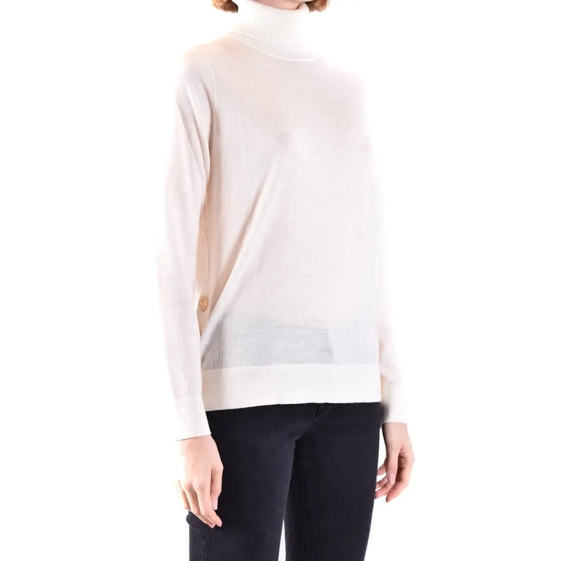 Michael Kors women wool turtleneck sweater in white with soft fabric sheer overlay and subtle gold button detail