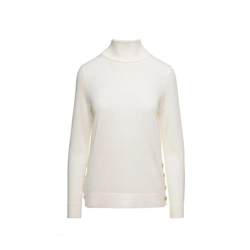 Michael Kors women wool turtleneck sweater in cream with gold-tone buttons along the side seams