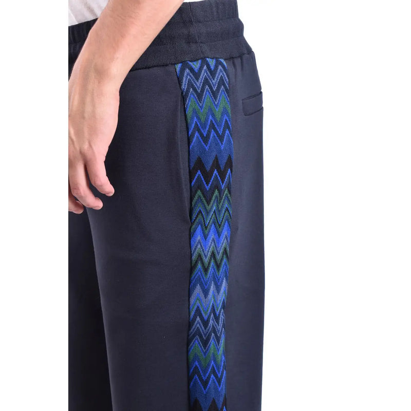 Missoni men blue viscose trousers regular fit with dark navy joggers and vibrant blue green zigzag side stripe