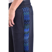 Missoni Men blue viscose trousers in dark navy with vibrant blue and green zigzag patterned side stripe regular fit