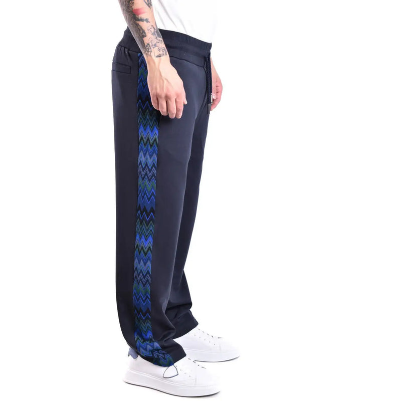 Dark navy missoni men blue viscose trousers regular fit with vibrant blue and green zigzag pattern on outer leg seam