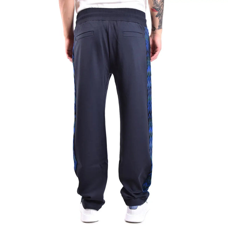Missoni men blue viscose trousers regular fit with dark navy fabric and vibrant blue green geometric side stripes