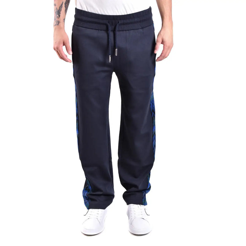Missoni men blue viscose regular fit trousers with navy sweatpants and vibrant blue patterned side panels and drawstring waistband
