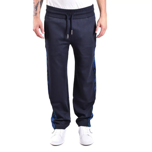 Missoni men blue viscose regular fit trousers with navy sweatpants and vibrant blue patterned side panels and drawstring waistband