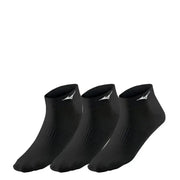 Three pairs of black athletic ankle socks with white Mizuno logos for all seasons