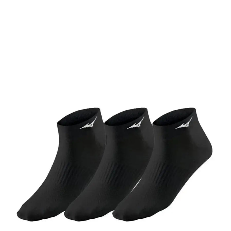 Three pairs of black athletic ankle socks with white Mizuno logos for all seasons