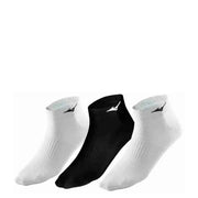 Three pairs of ankle socks, two white and one black with a small logo near the cuff