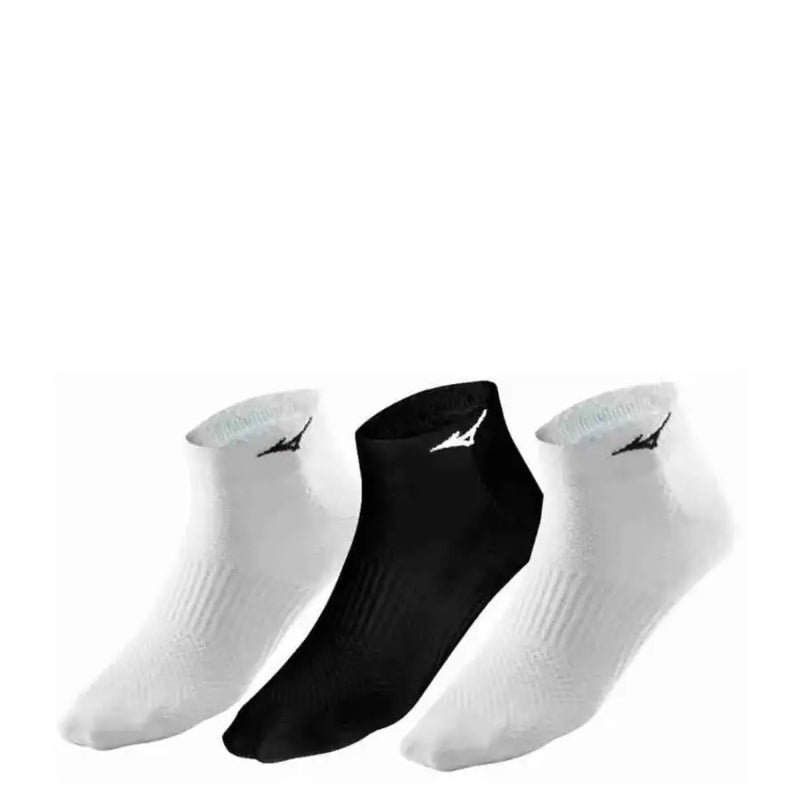 A trio of mizuno men all seasons ankle socks in white and black with ribbed texture and embroidered logos