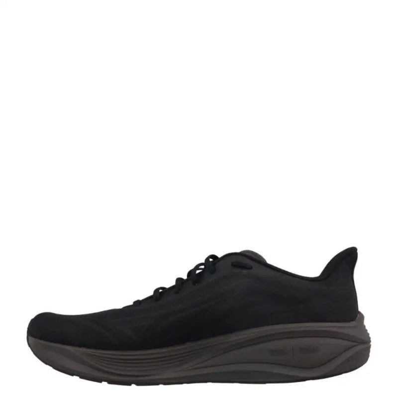 Black running shoe with white laces and textured upper material.