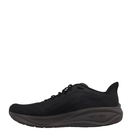 Black running shoe with white laces and textured upper material.