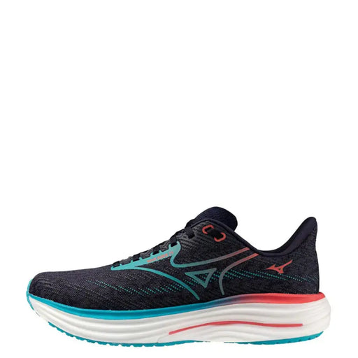 Mizuno running shoe with navy blue and coral accents, mesh upper for breathability, cushioned sole design.