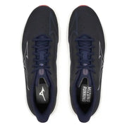 Navy blue mizuno running shoe with white accents and silver logo.