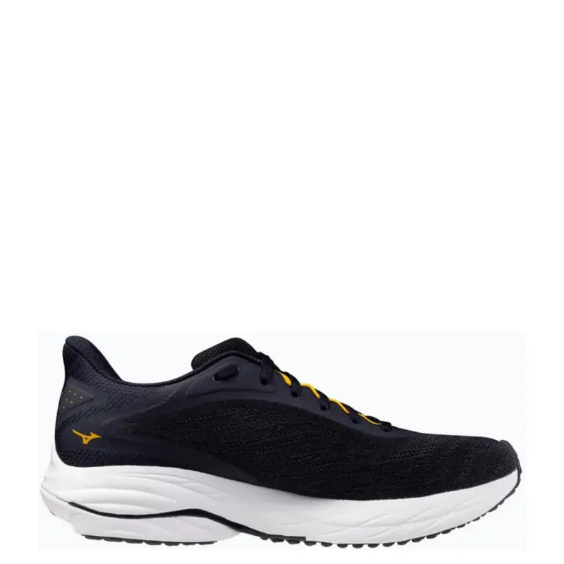 Black mizuno running shoe with white sole and yellow accents.